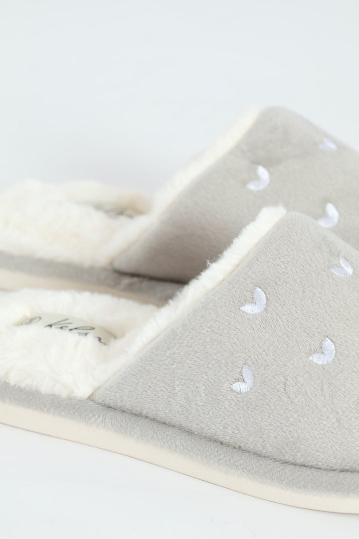 Embroidered Hearts Slipper - Light Grey