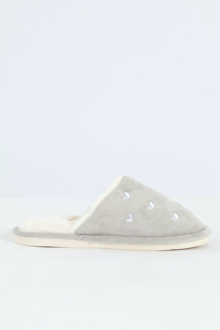 Embroidered Hearts Slipper - Light Grey