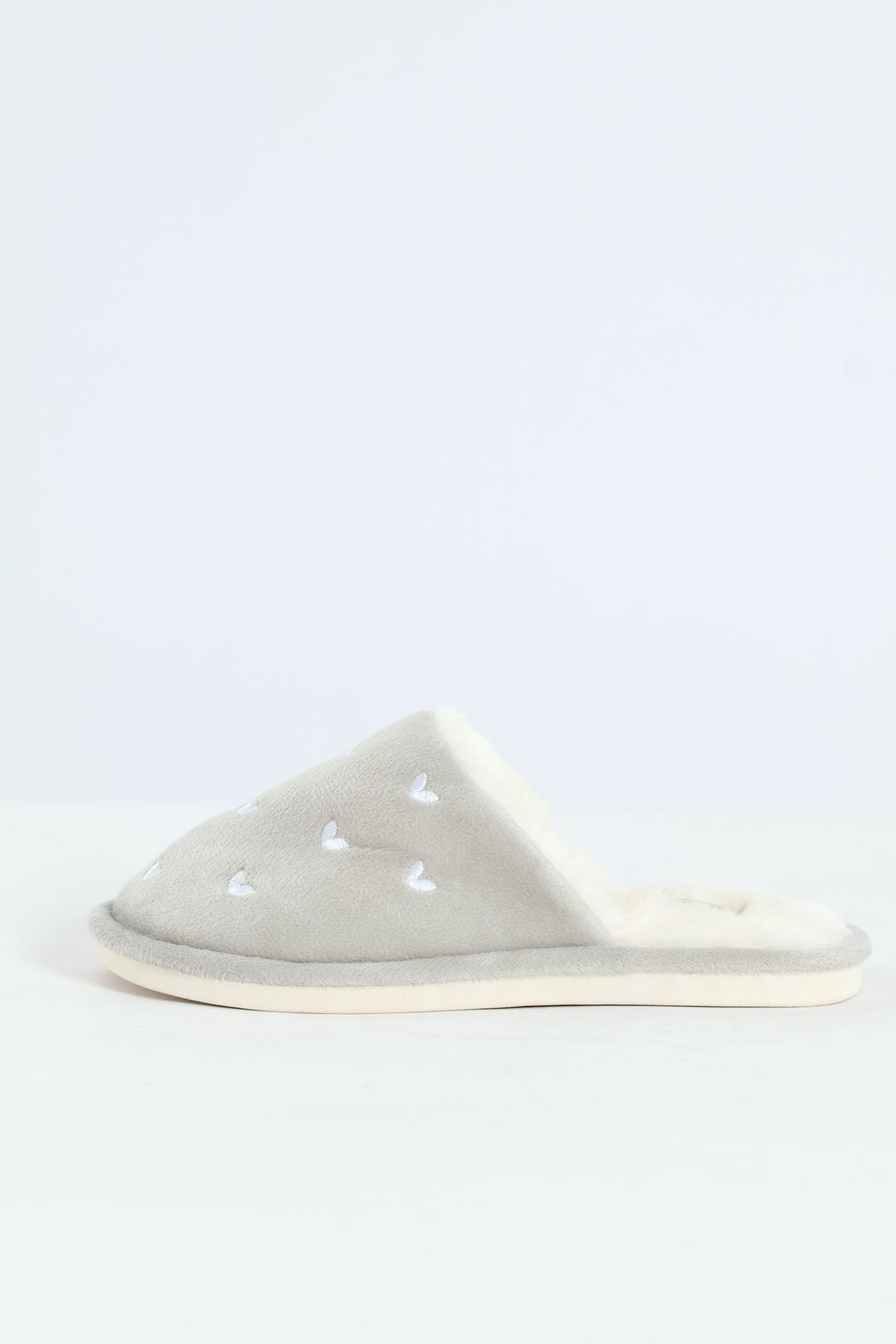 Embroidered Hearts Slipper - Light Grey
