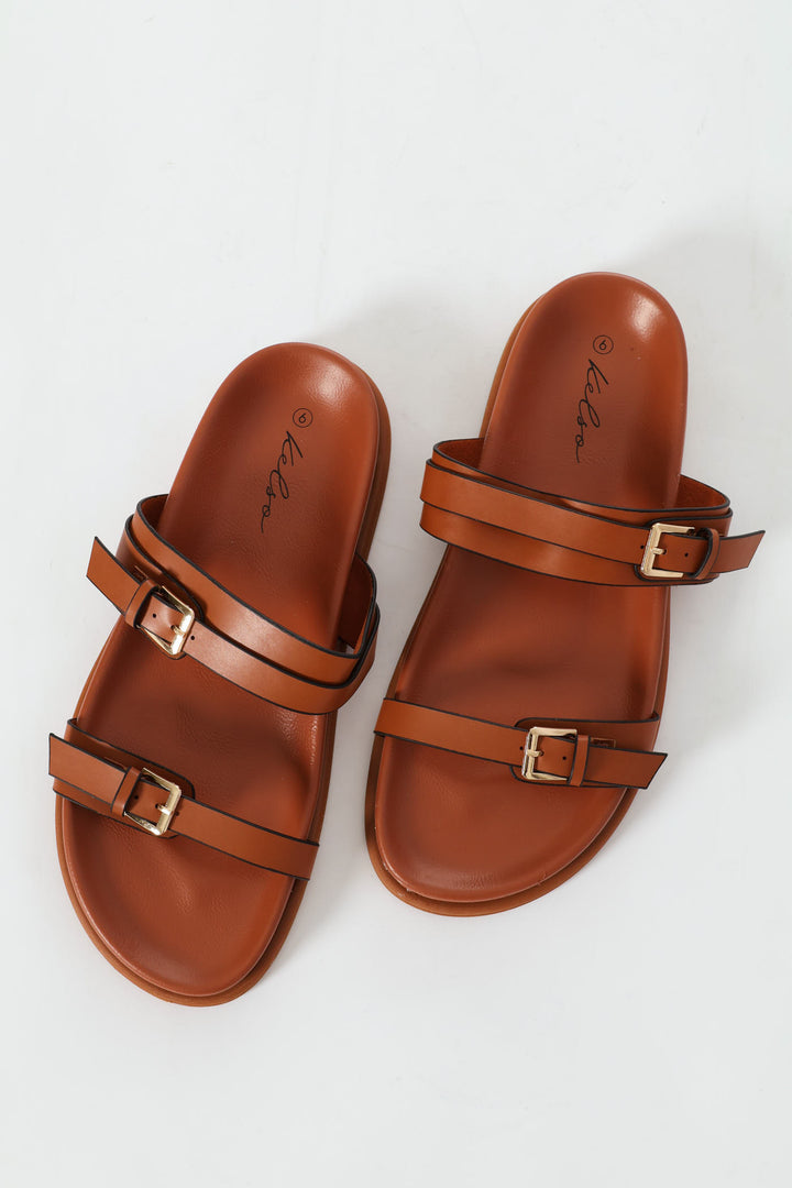 Buckle Detail Double Band Mule Sandal - Tan