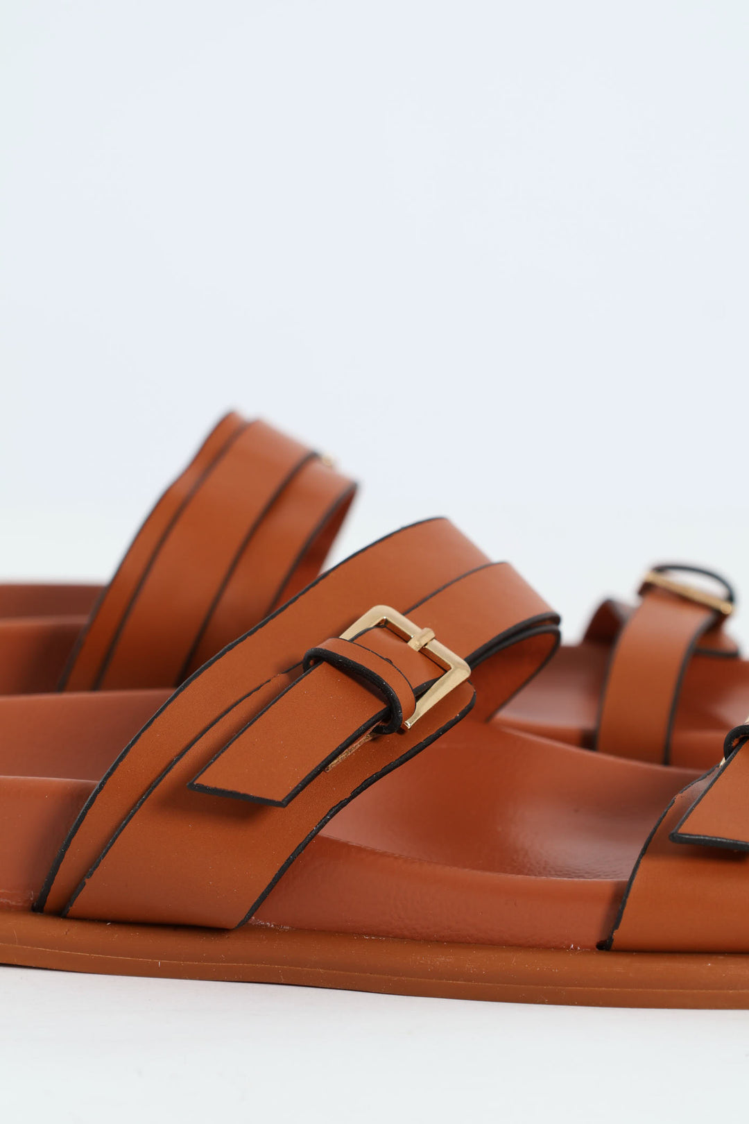 Buckle Detail Double Band Mule Sandal - Tan