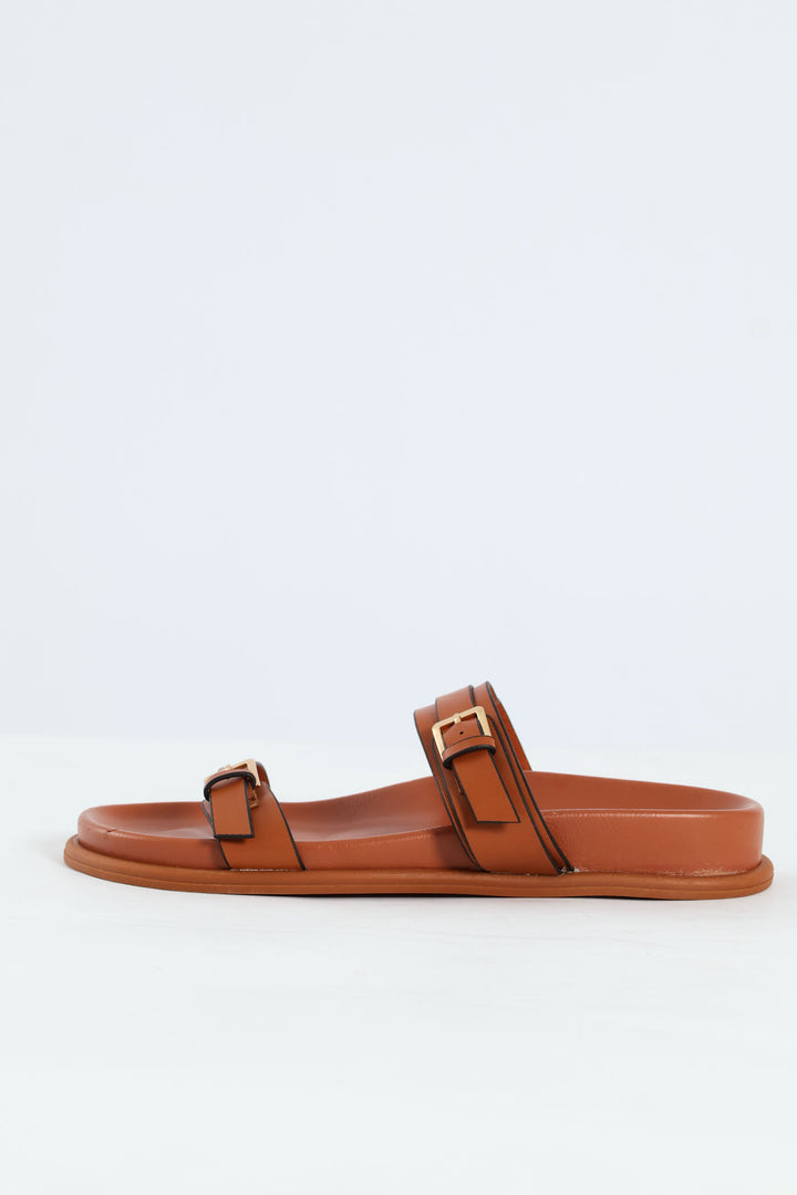 Buckle Detail Double Band Mule Sandal - Tan