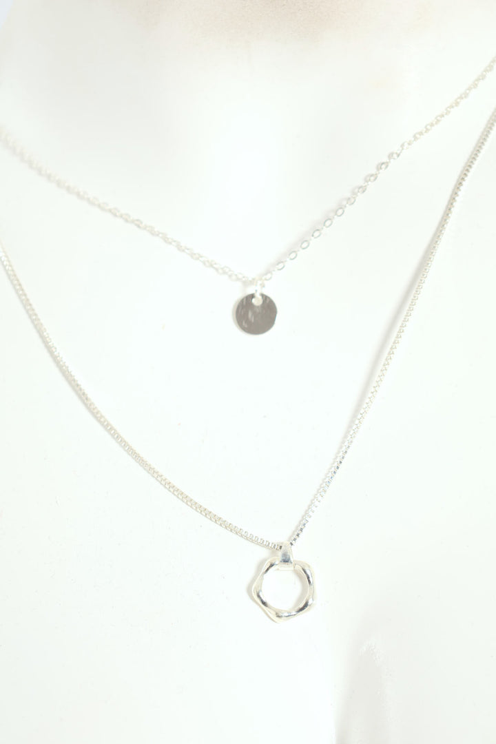 2 Layer Wavy & Disc Pendant Necklace - Silver