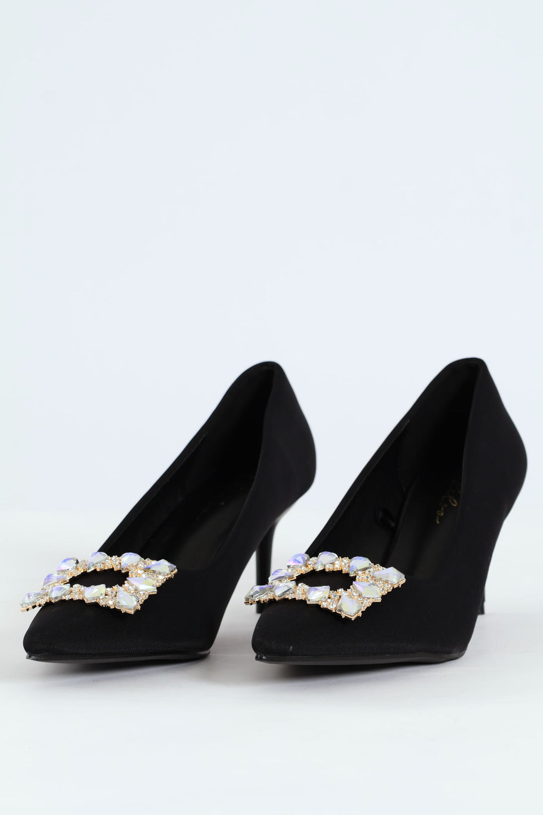 Square Diamante Trim Kitten Court Heel - Black
