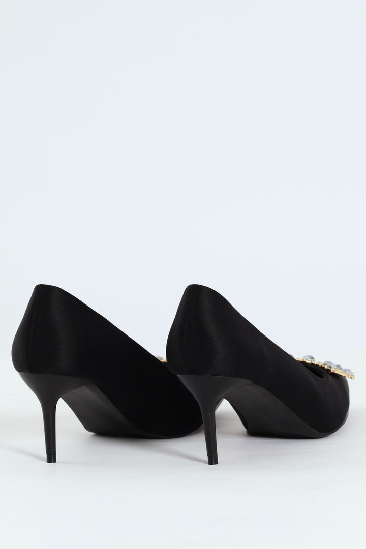 Square Diamante Trim Kitten Court Heel - Black