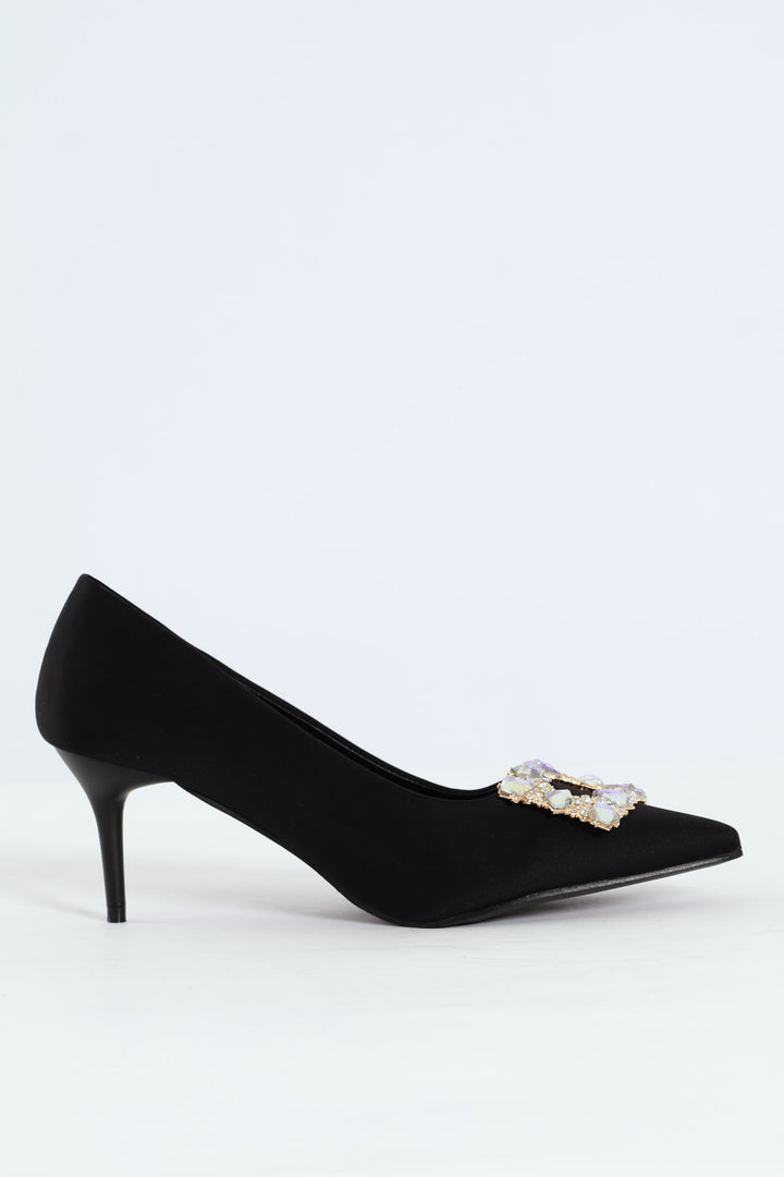 Square Diamante Trim Kitten Court Heel - Black