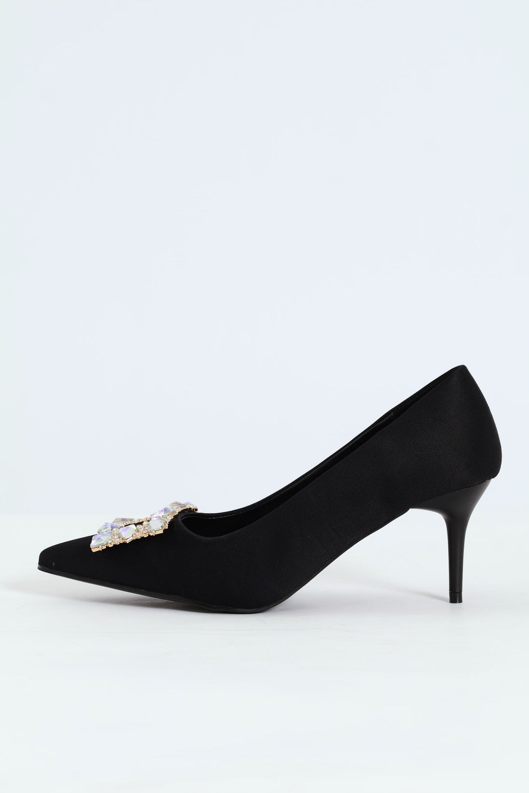 Square Diamante Trim Kitten Court Heel - Black