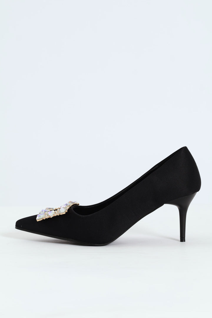 Square Diamante Trim Kitten Court Heel - Black