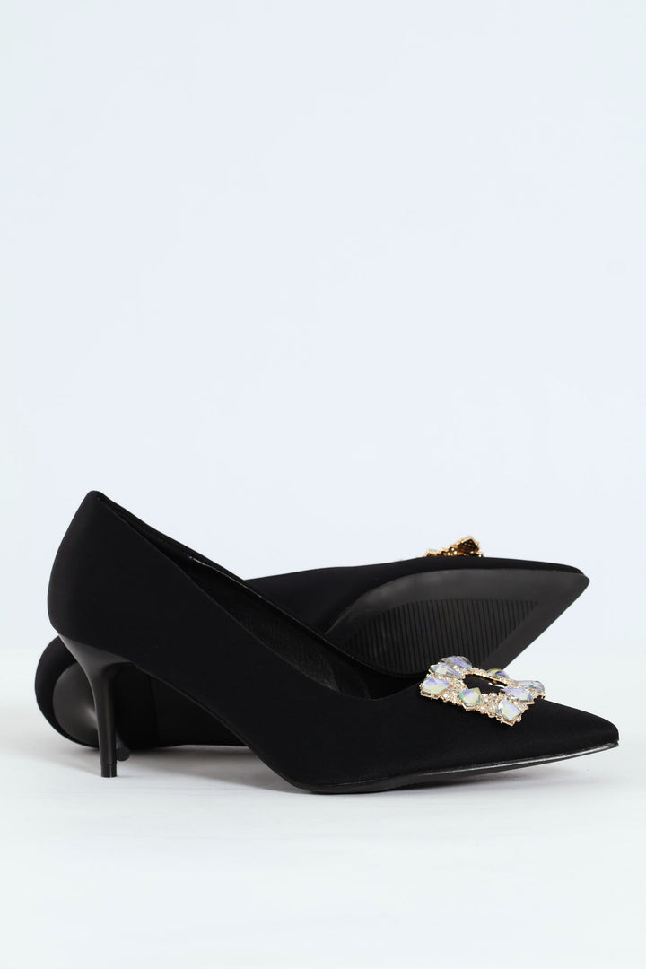 Square Diamante Trim Kitten Court Heel - Black