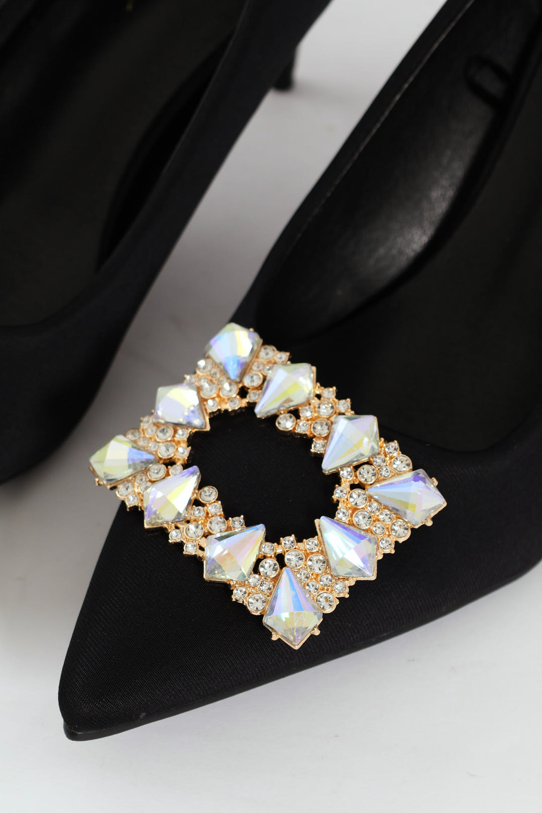 Square Diamante Trim Kitten Court Heel - Black