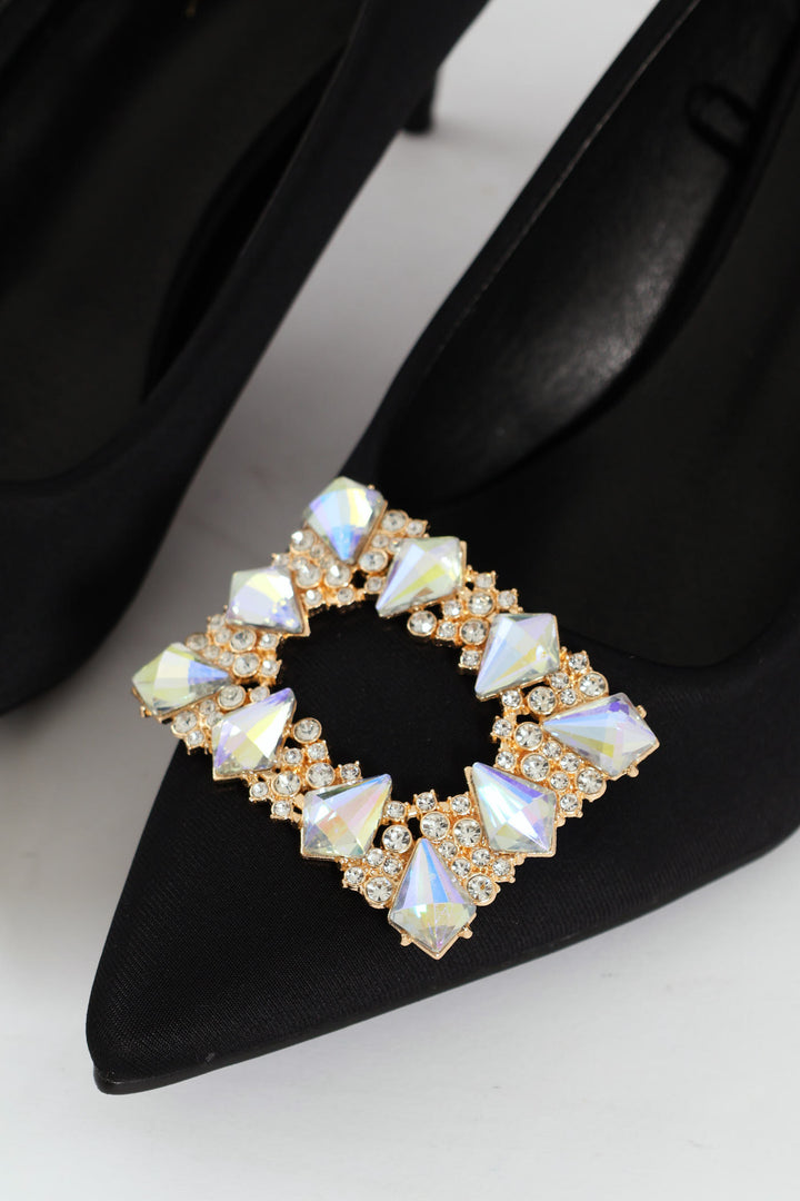 Square Diamante Trim Kitten Court Heel - Black