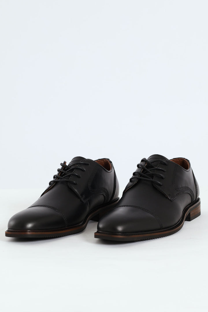Leather Stitched Toe Cap Derby Shoe - Black