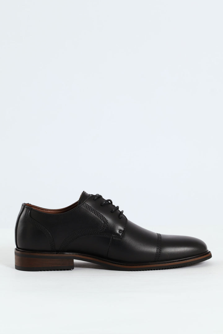 Leather Stitched Toe Cap Derby Shoe - Black