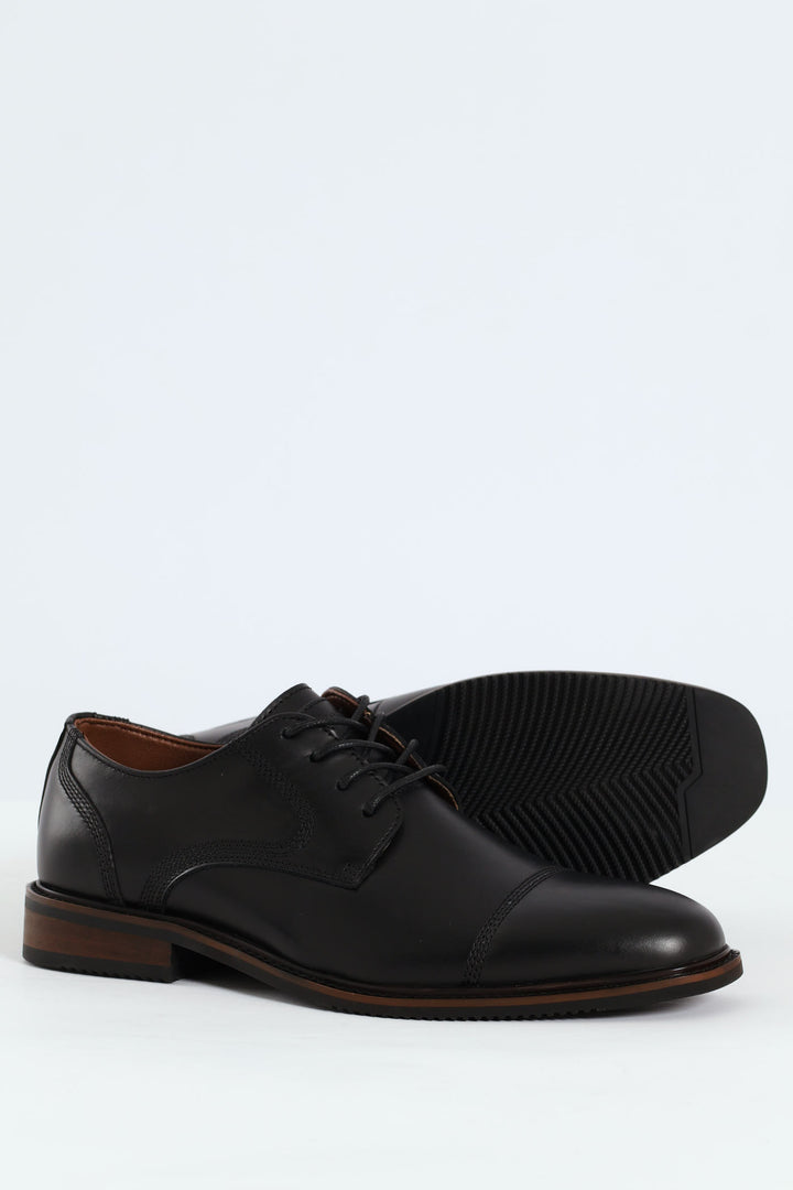 Leather Stitched Toe Cap Derby Shoe - Black