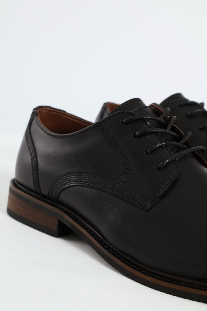 Leather Stitched Toe Cap Derby Shoe - Black