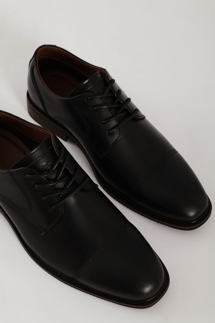 Leather Stitched Toe Cap Derby Shoe - Black