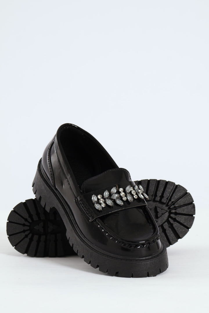 Girls Jewel Trim Loafer - Black