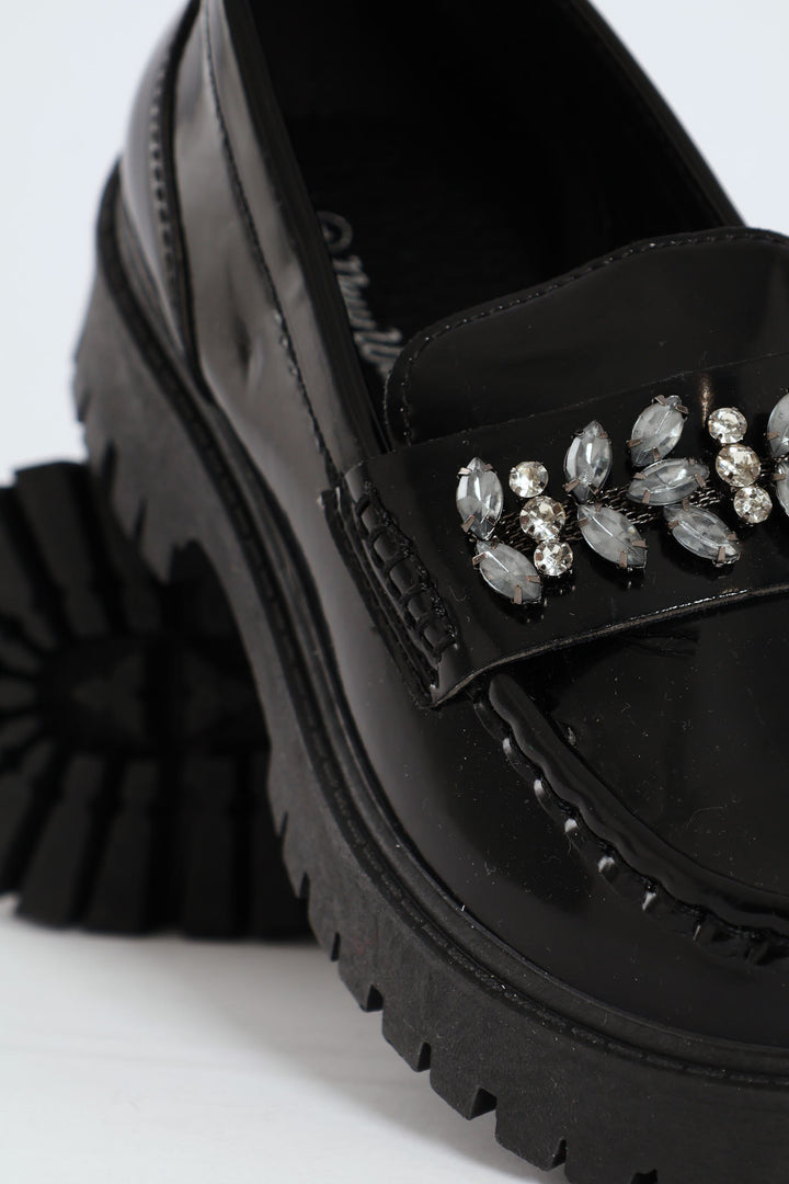 Girls Jewel Trim Loafer - Black