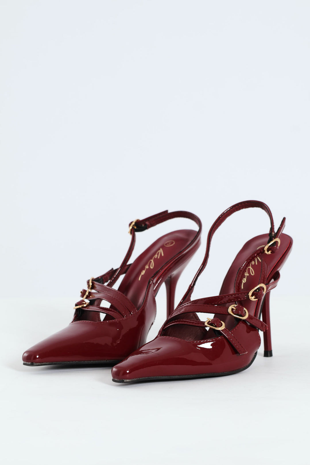 Patent Pointy Buckle Multistrap Slingback Heel - Burgundy