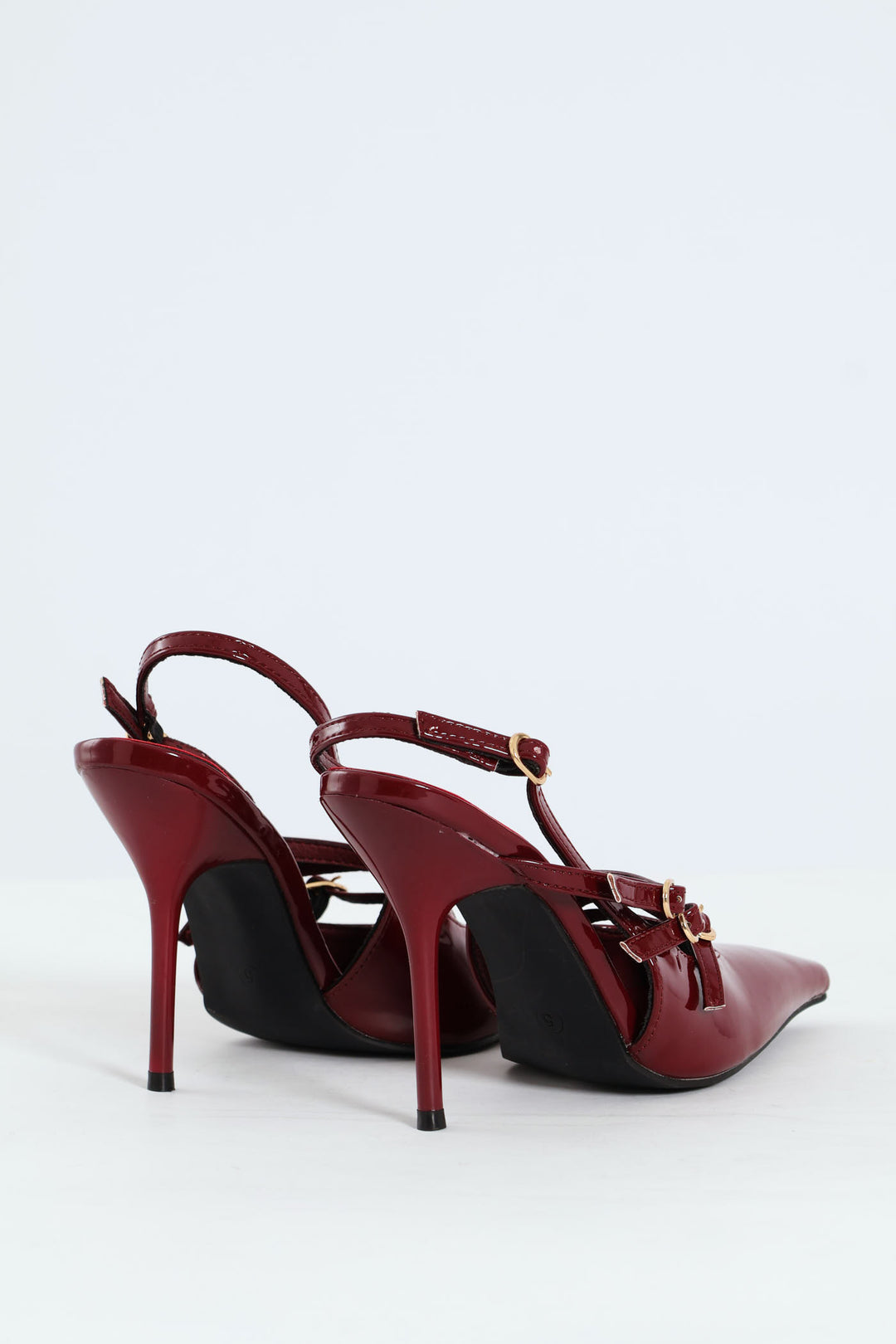 Patent Pointy Buckle Multistrap Slingback Heel - Burgundy