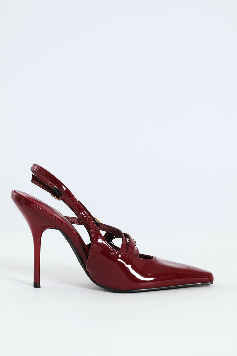 Patent Pointy Buckle Multistrap Slingback Heel - Burgundy