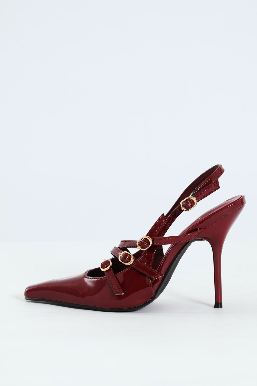 Patent Pointy Buckle Multistrap Slingback Heel - Burgundy