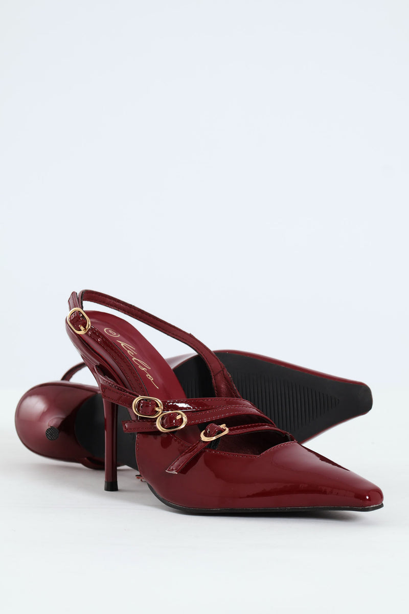 Patent Pointy Buckle Multistrap Slingback Heel - Burgundy