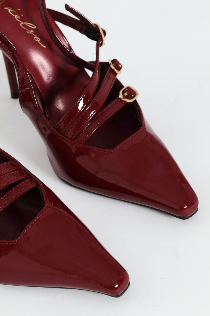 Patent Pointy Buckle Multistrap Slingback Heel - Burgundy