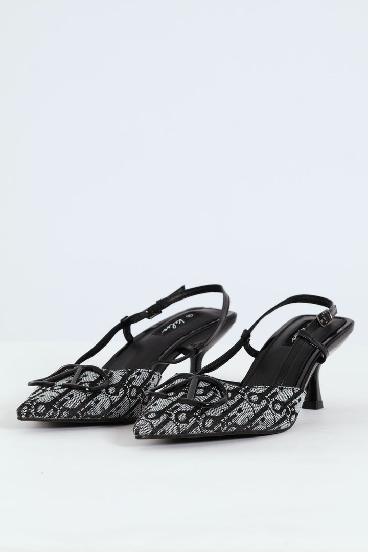 Square Geoprint Slingback Kitten Heel - Black