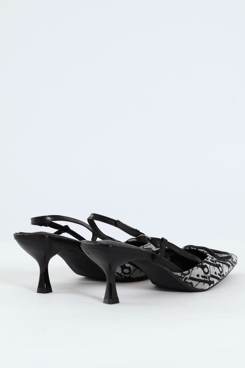 Square Geoprint Slingback Kitten Heel - Black