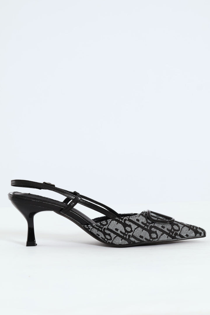 Square Geoprint Slingback Kitten Heel - Black