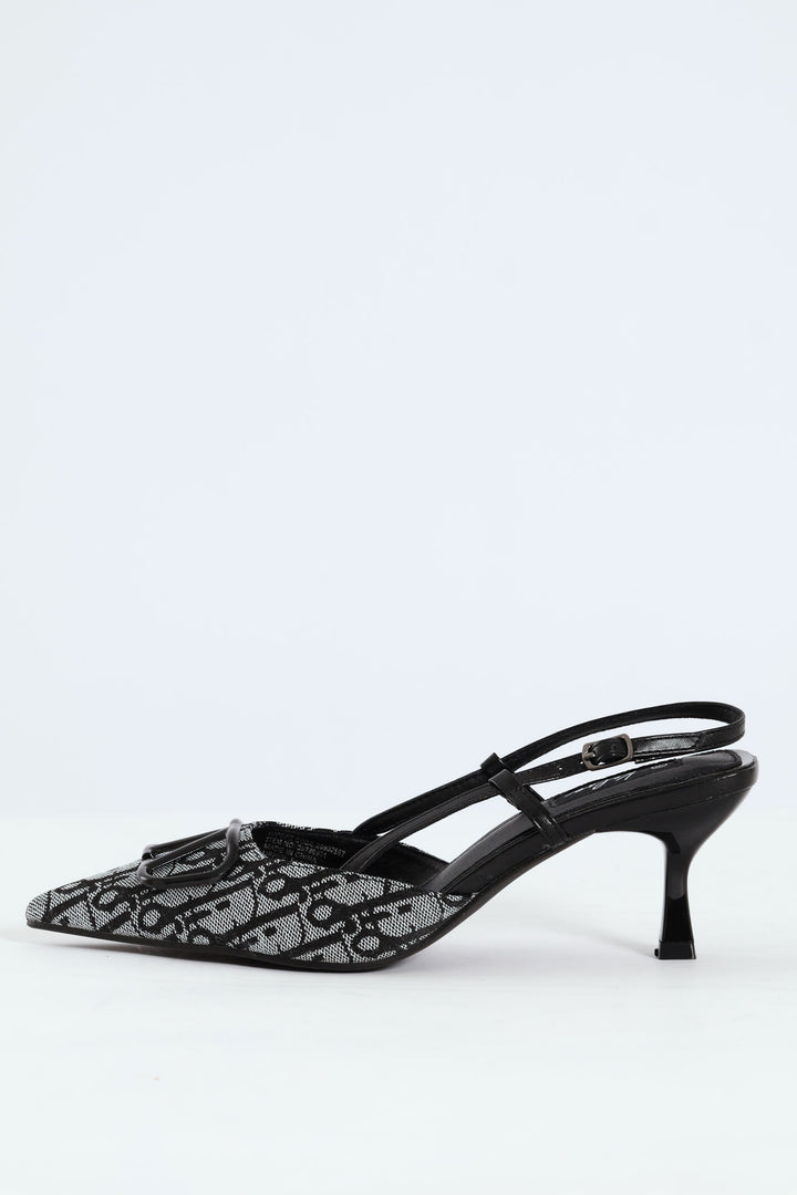 Square Geoprint Slingback Kitten Heel - Black