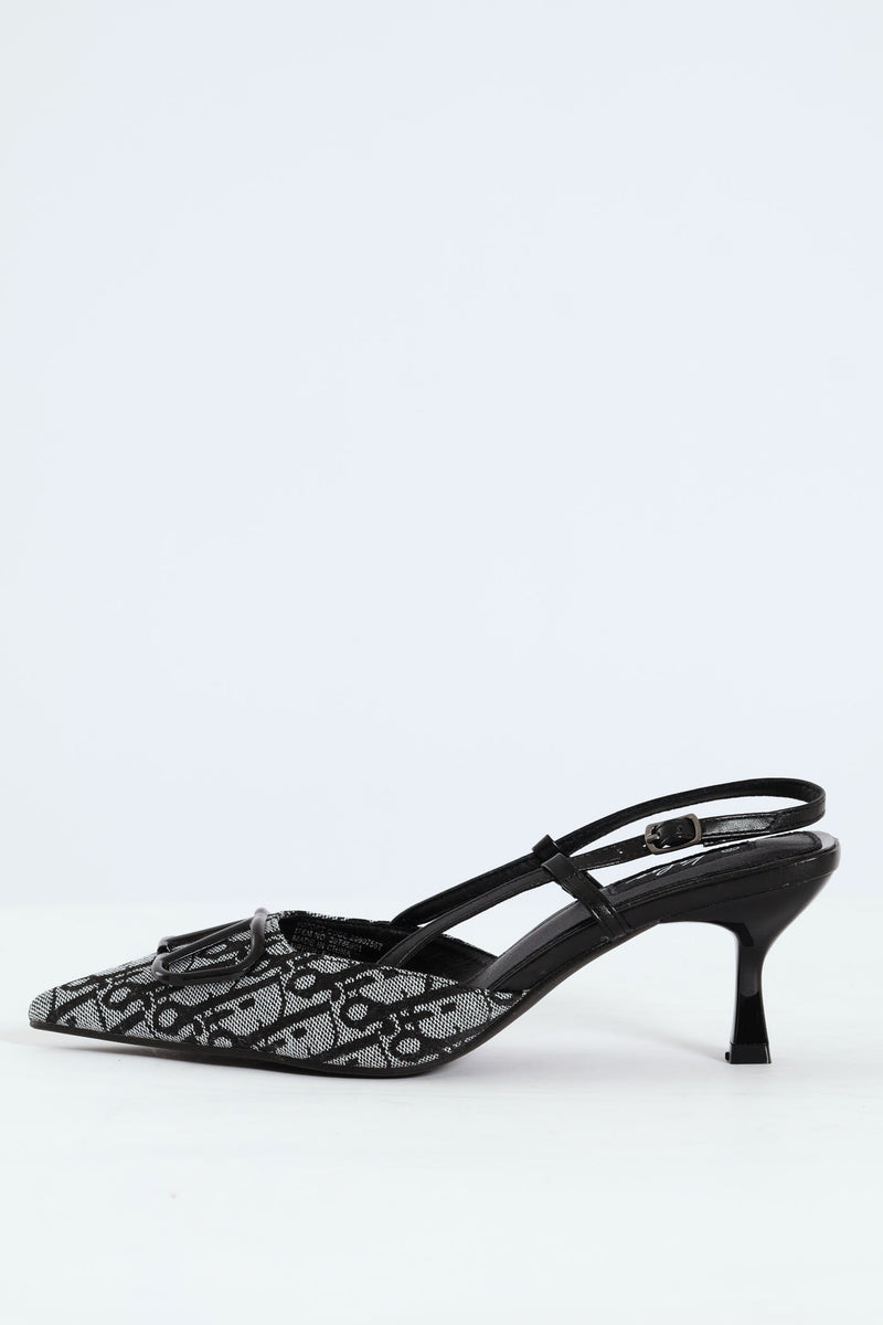 Square Geoprint Slingback Kitten Heel - Black
