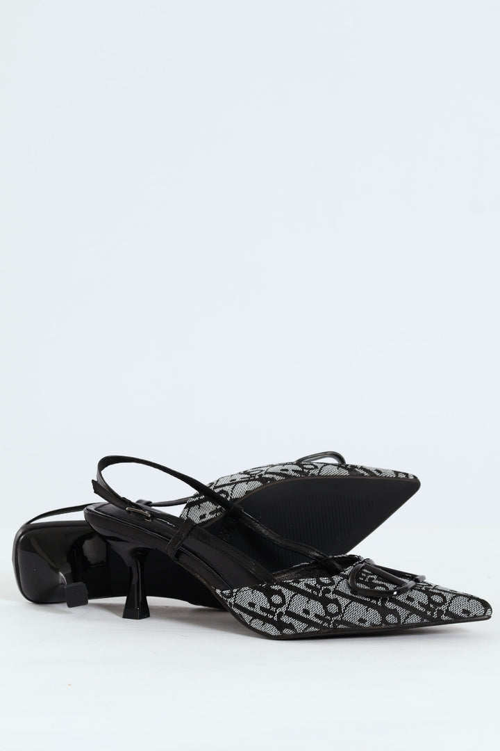 Square Geoprint Slingback Kitten Heel - Black