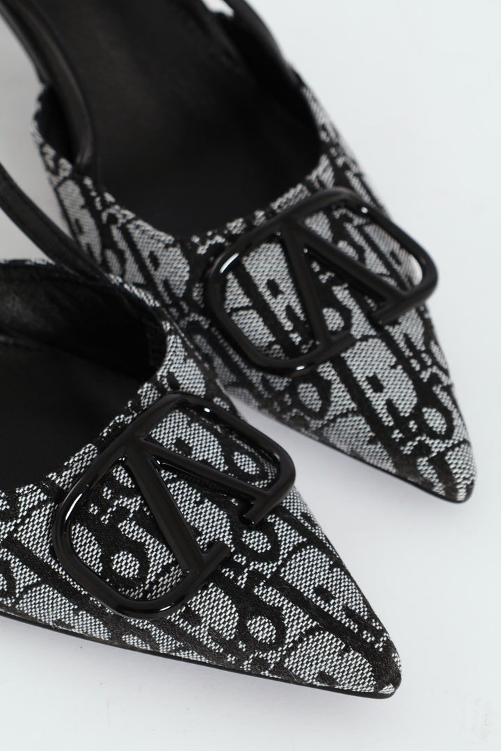 Square Geoprint Slingback Kitten Heel - Black