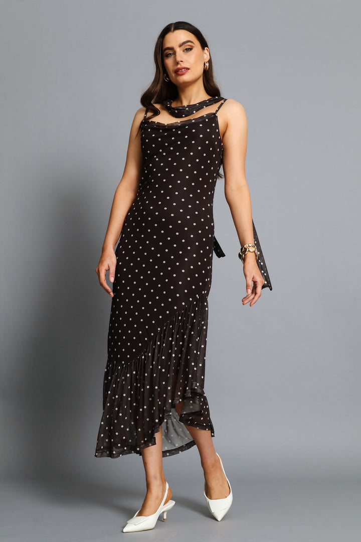 Tie Detail Mesh Bodycon Maxi Dress - Chocolate