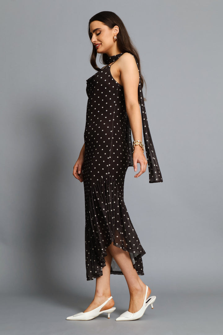 Tie Detail Mesh Bodycon Maxi Dress - Chocolate