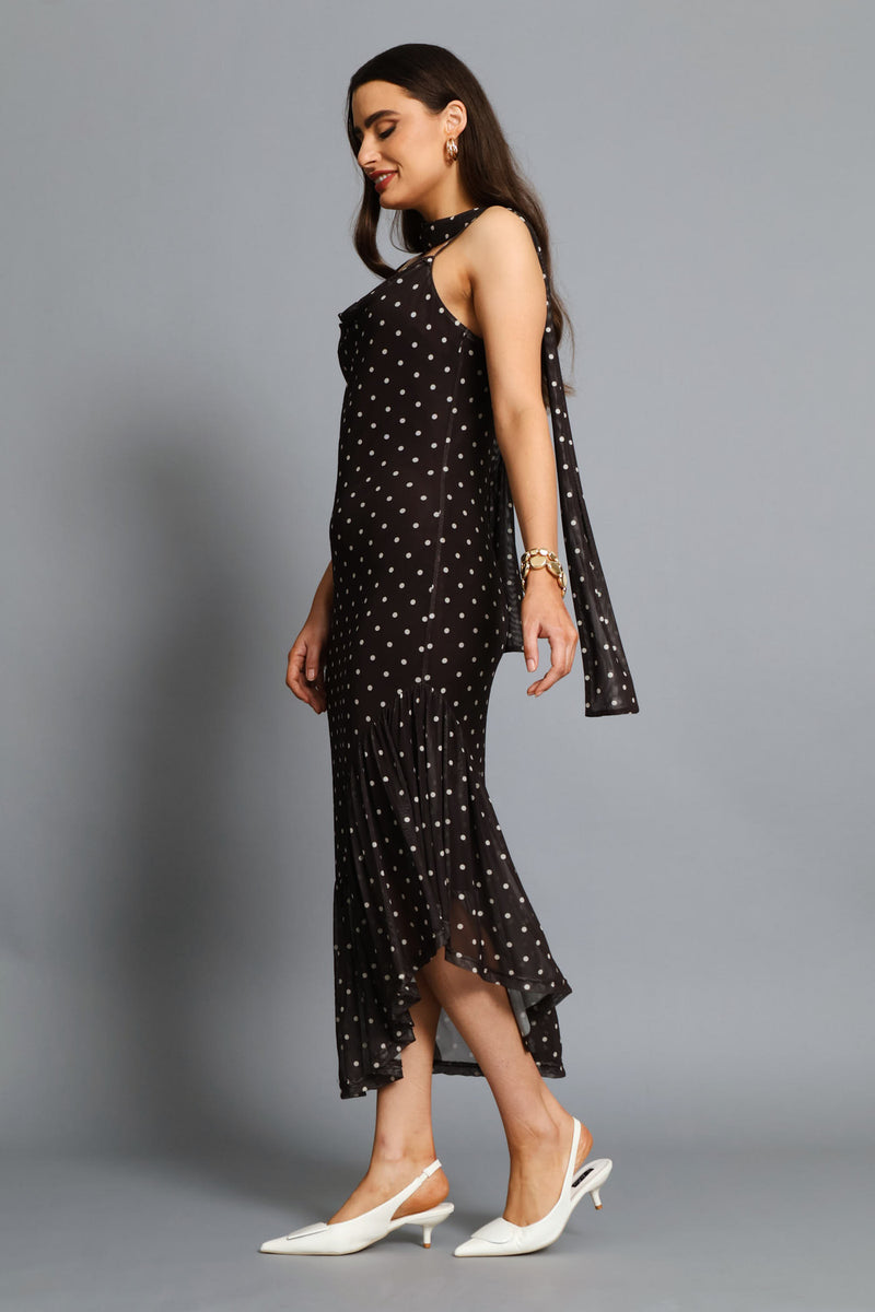 Tie Detail Mesh Bodycon Maxi Dress - Chocolate