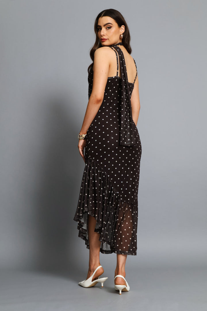Tie Detail Mesh Bodycon Maxi Dress - Chocolate