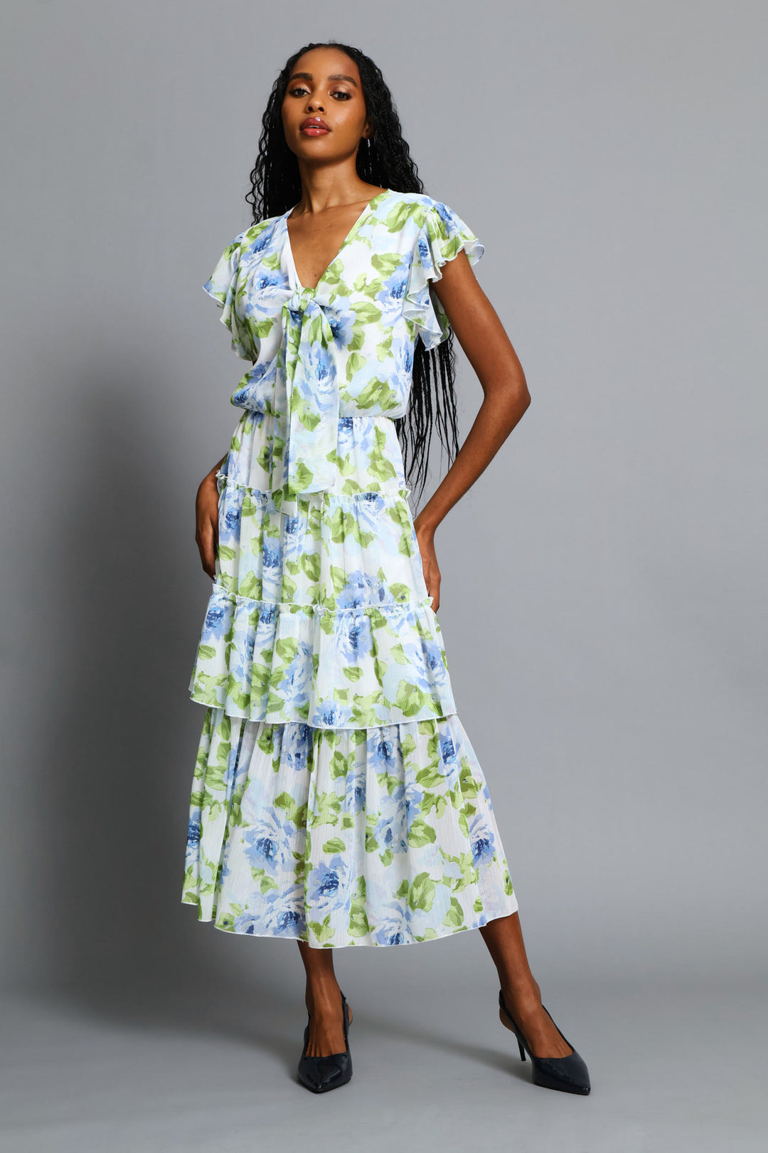 Tie Front Floral Flutter Sleeve Maxi Dress - Multi