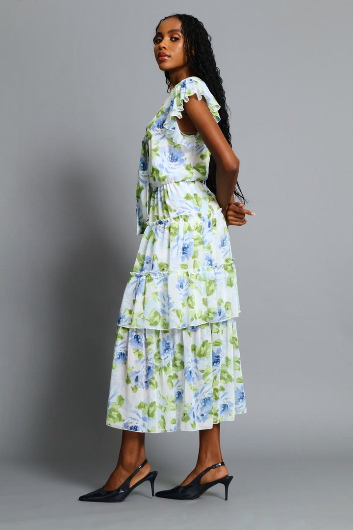 Tie Front Floral Flutter Sleeve Maxi Dress - Multi