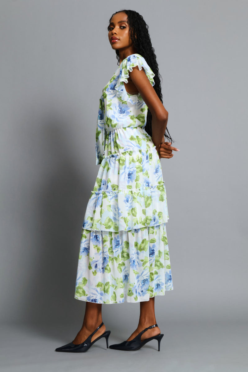 Tie Front Floral Flutter Sleeve Maxi Dress - Multi