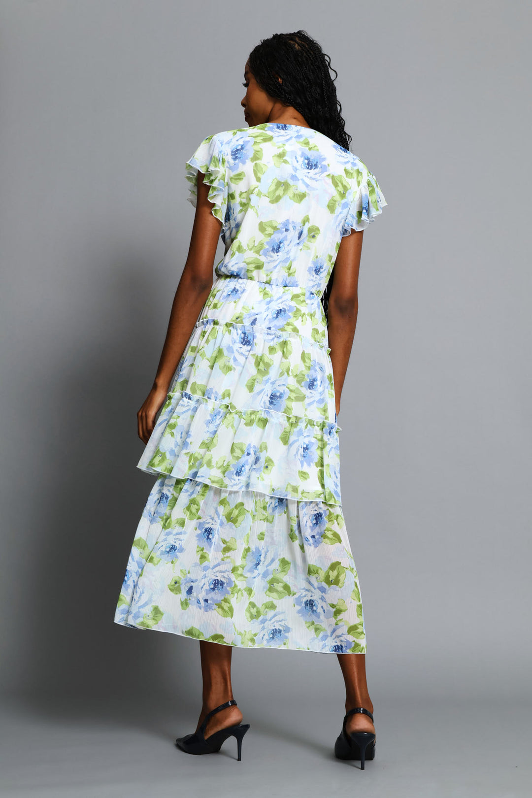 Tie Front Floral Flutter Sleeve Maxi Dress - Multi