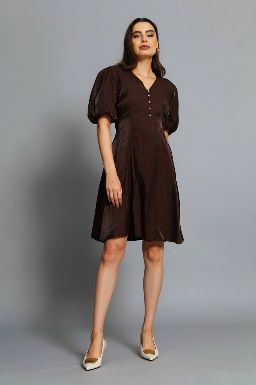 Pintuck Waisted Puff Sleeve Dress - Chocolate