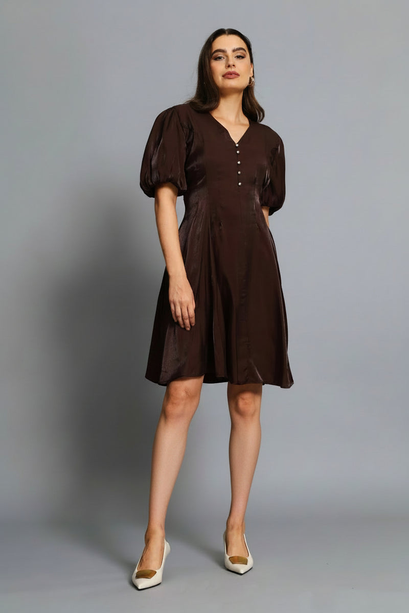 Pintuck Waisted Puff Sleeve Dress - Chocolate