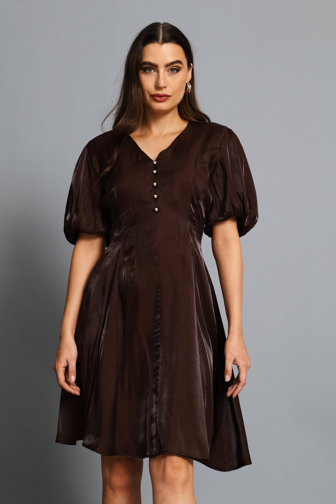 Pintuck Waisted Puff Sleeve Dress - Chocolate