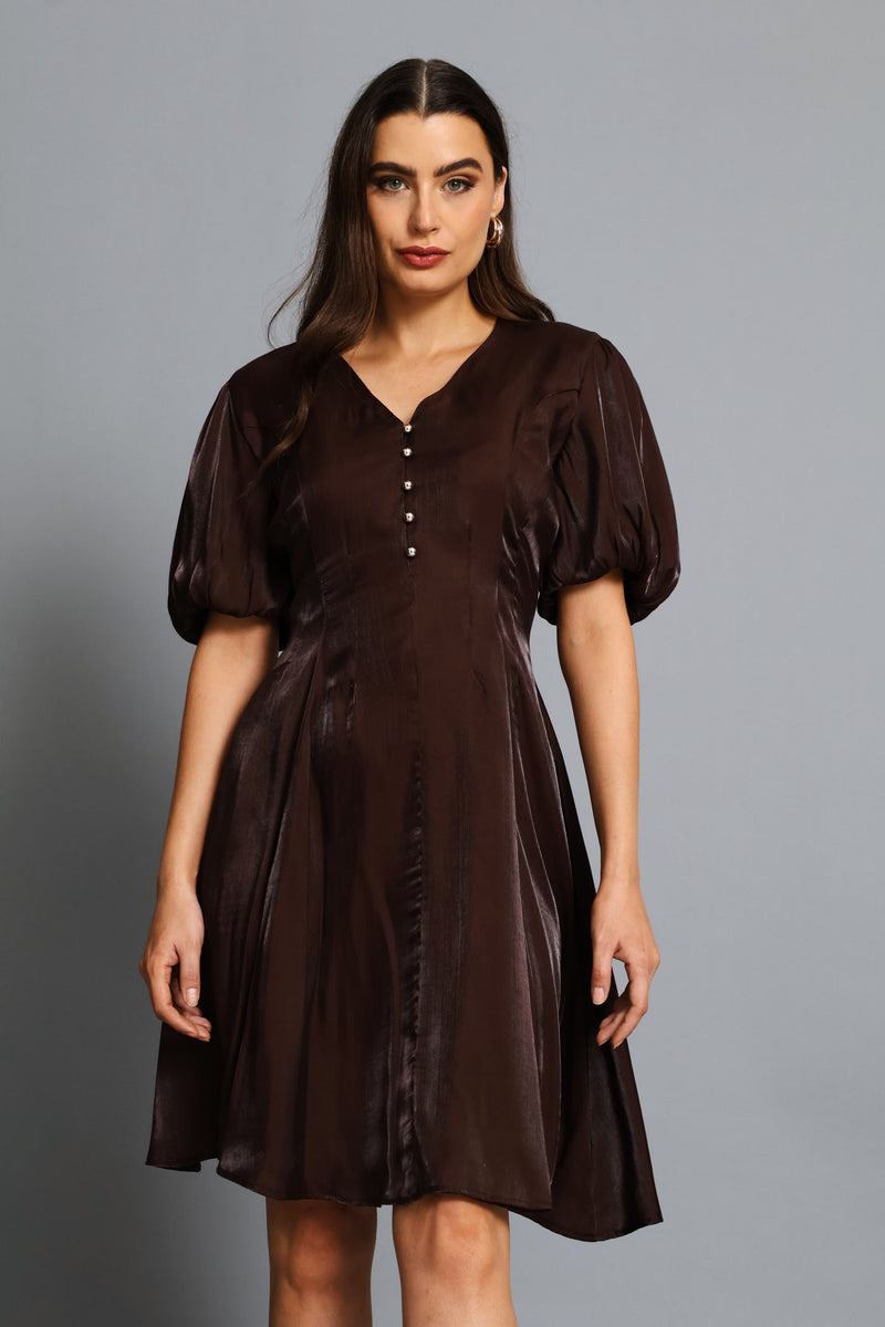 Pintuck Waisted Puff Sleeve Dress - Chocolate