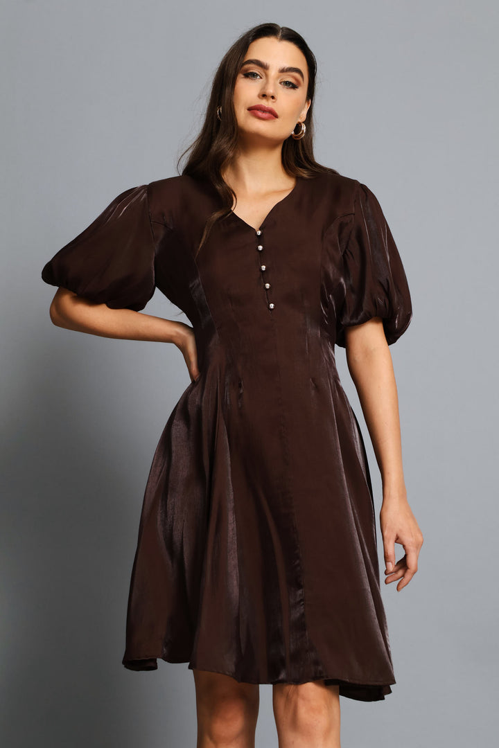 Pintuck Waisted Puff Sleeve Dress - Chocolate