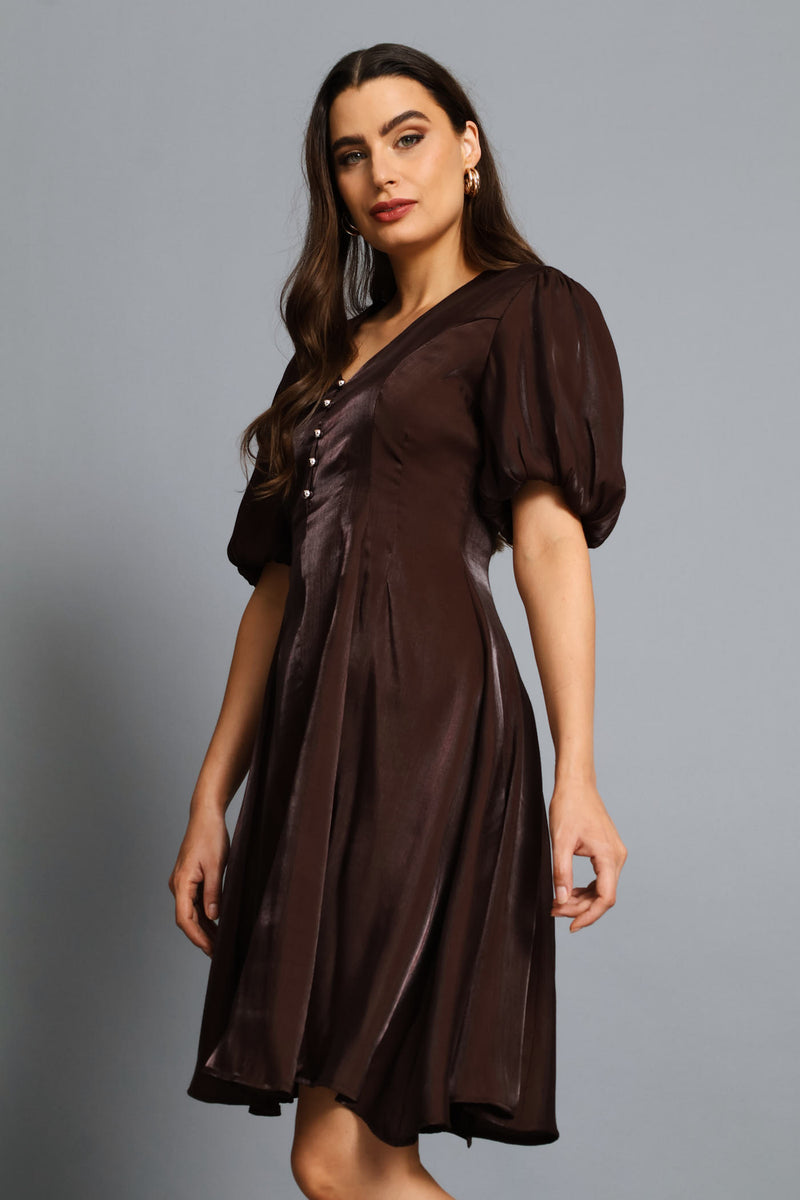 Pintuck Waisted Puff Sleeve Dress - Chocolate
