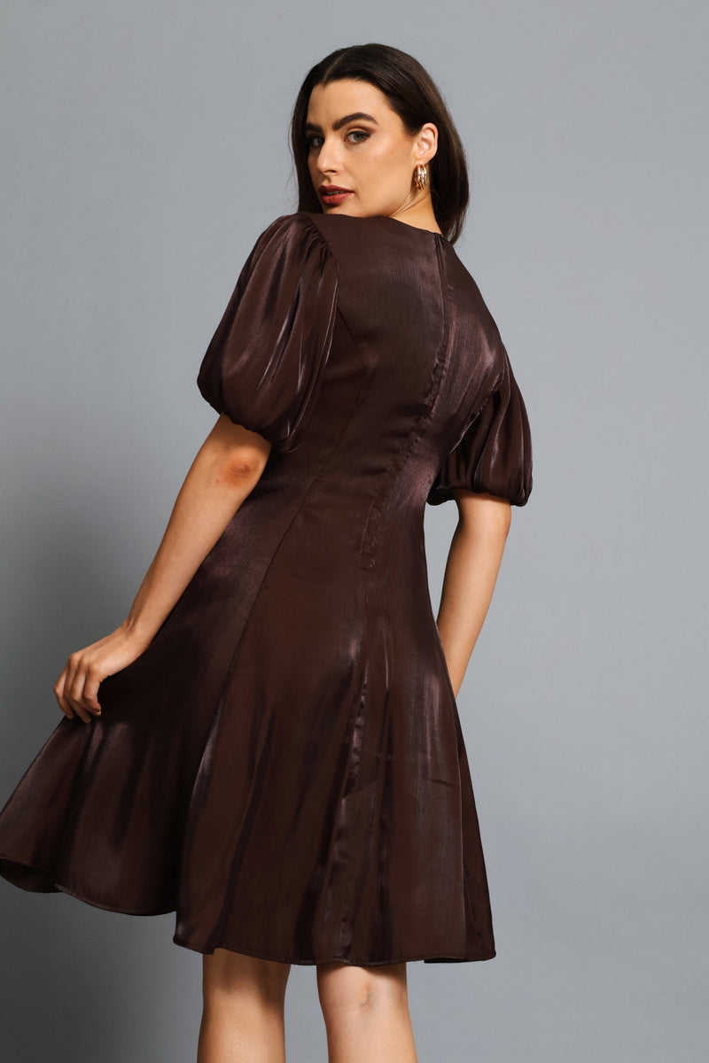 Pintuck Waisted Puff Sleeve Dress - Chocolate
